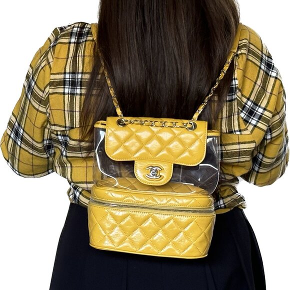AUTHENTIC Chanel yellow crinkle leather and PVC Mini Backpack - Picture 4 of 14